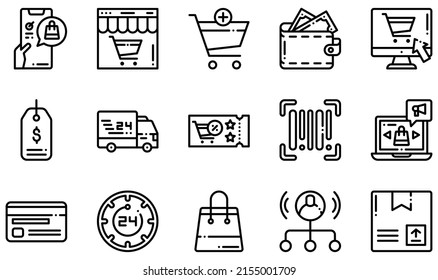 Set of Vector Icons Related to Ecommerce. Contains such Icons as Online Shopping, Delivery Car, Online Marketing, Wallet, Affiliate Marketing, Shop and more.