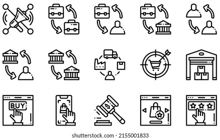 Set Of Vector Icons Related To Ecommerce. Contains Such Icons As Social Marketing, B2b, B2c, Supply Chain, Warehouse, Quality And More.