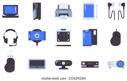 Set of Vector Icons Related to Electronic Devices. Contains such Icons as Cleaner, Coffee Machine, Earphone, Kettle, Microphone, Microwave and more.