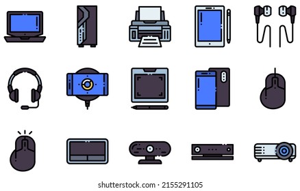Set of Vector Icons Related to Electronic Devices. Contains such Icons as Cleaner, Coffee Machine, Earphone, Kettle, Microphone, Microwave and more.