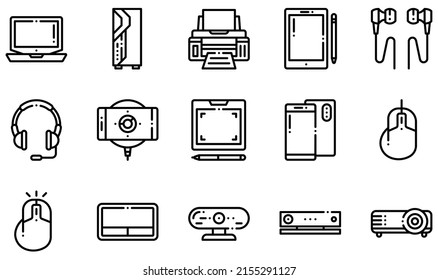 Set of Vector Icons Related to Electronic Devices. Contains such Icons as Cleaner, Coffee Machine, Earphone, Kettle, Microphone, Microwave and more.