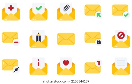 Set of Vector Icons Related to Email. Contains such Icons as Adding, Approved, Arroba, Click, Completed, Delete and more.