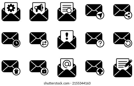 Conjunto de iconos vectores relacionados con el correo electrónico. Contiene iconos como Abrir correo electrónico, Opciones, Buscar, Enviar correo, Correo no deseado, Cargar y más.