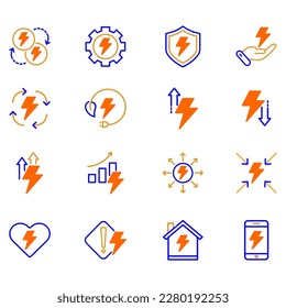 Set of vector icons related to energy. Vector illustrations such as energy reduction, energy home, energy management and more with editable orange and blue fill colors.