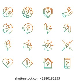 Set of vector icons related to energy. Vector illustrations such as energy reduction, energy home, energy management and more with editable gradient colors.