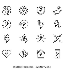Set of vector icons related to energy. Vector illustrations such as energy increase, green energy, energy graphic and more with editable black outline.