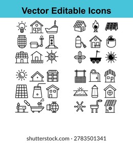 A set of vector icons related to energy, sustainability, and infrastructure, featuring various symbols for renewable energy sources and eco-friendly concepts.