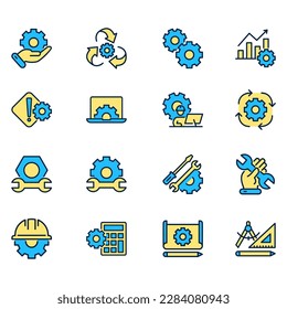 Set of vector icons related to engineering. Vector illustrations such as engineering drawings, engineering calculations, engineering operators and more with editable flat filled color outlines.