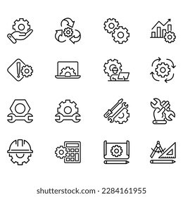 Set of vector icons related to engineering. Vector illustrations such as engineering drawings, engineering calculations, engineering operators and more with editable black outline.