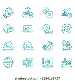 Conjunto de iconos vectoriales relacionados con la ingeniería. Ilustraciones vectoriales como dibujos de ingeniería, cálculos de ingeniería, operadores de ingeniería y mucho más con contornos de color de gradiente modificables.