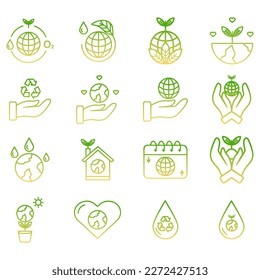 Set of vector icons related to environmental awareness. Vector illustrations such as love for the environment, care for the environment and others with editable gradient lines.