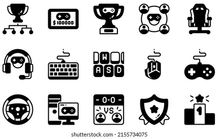 Set of Vector Icons Related to Esports. Contains such Icons as Tournament, Prize, Trophy, Team, Gaming Chair, Ranking and more.