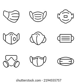 Set of vector icons related to face masks. Vector illustration of surgical masks, cloth masks, dust masks and more with editable black outlines.