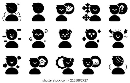 Set Of Vector Icons Related To Feeling. Contains Such Icons As Angry, Bored, Calm, Crane, Cold, Confused And More.