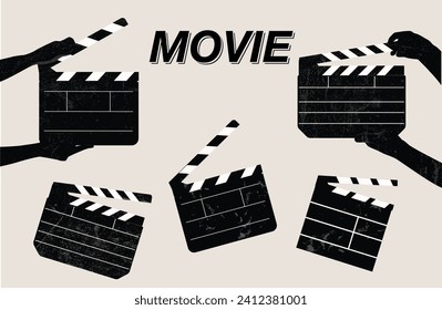 A set of vector icons related to the film shooting process. Black and white clipart isolated on a light background