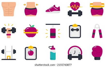 Set of Vector Icons Related to Fitness. Contains such Icons as Six Pack, Waist, Waist, Dumbbell, Boxing Bag, Boxing Bag and more.