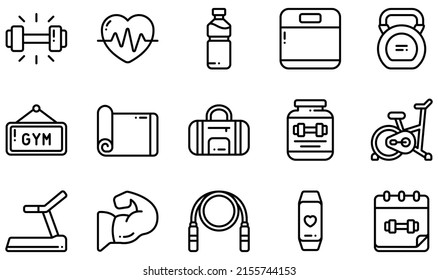 Set of Vector Icons Related to Fitness. Contains such Icons as Dumbbell, Heartbeat, Kettlebell, Yoga Mat, Cycling, Jump Rope and more.