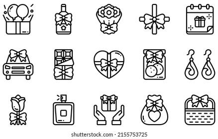Set of Vector Icons Related to Gift. Contains such Icons as Balloons, Bouquet, Chocolate Bar, Chocolate Box, Cookies, Flower and more.