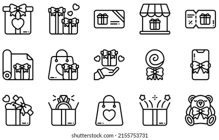 Set of Vector Icons Related to Gift. Contains such Icons as Gift Box, Gift Card, Gift Voucher, Lollipop, Mobile Phone, Ring and more.