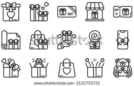 Set of Vector Icons Related to Gift. Contains such Icons as Gift Box, Gift Card, Gift Voucher, Lollipop, Mobile Phone, Ring and more.