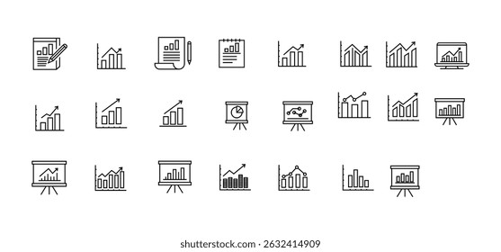 A set of vector icons related to graphs and charts. A set of graph and statistics icons. A collection of simple linear web icons, line charts, candlesticks, combined, bar charts, pie charts.