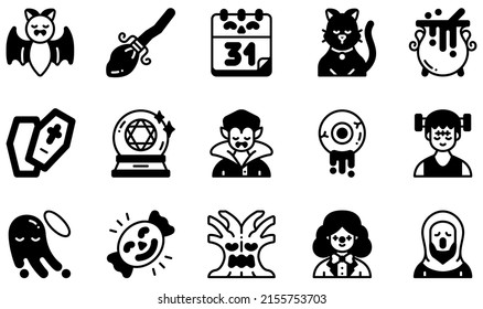 Conjunto de iconos vectores relacionados con Halloween. Contiene iconos como murciélago, broomstick, gato, ataúd, bola de cristal, fantasma y más.