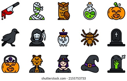 Set of Vector Icons Related to Halloween. Contains such Icons as Knife, Mummy, Owl, Pumpkin, Reaper, Witch and more.