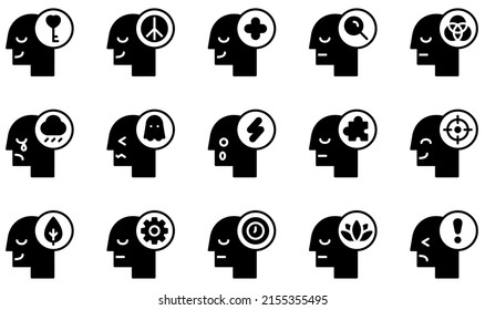 Set of Vector Icons Related to Human Mind. Contains such Icons as Open Mind, Positive, Sadness, Scared, Shocked, Time and more.