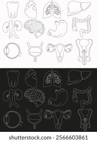 Set of vector icons related to human organs, pixel accurate, with the ability to edit stroke and scale on black and white background.