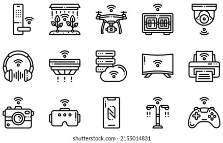 Set Of Vector Icons Related To Internet Of Things. Contains Such Icons As Smart Farm, Drone, Security Camera, Smoke Detector, Computer Server, Street Light And More.