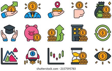 Set of Vector Icons Related to Investment. Contains such Icons as Investment, Investor, Money, Piggy Bank, Real Estate, Stock and more.