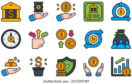 Set of Vector Icons Related to Investment. Contains such Icons as Banking, Barrel, Bitcoin, Bond, Cash Flow, Clock and more.