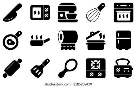 Set von Vektorsymbols in Verbindung mit Küche. Enthält Symbole wie Knife, Mikrowelle, Mixer, Oven, Pan, Papierhandtücher und mehr.