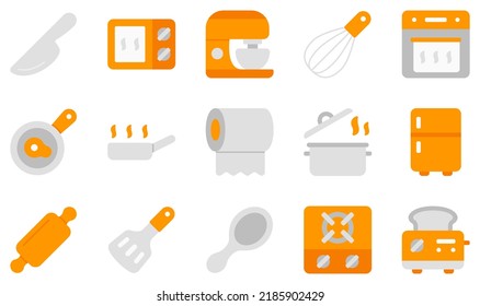 Conjunto de iconos vectores relacionados con la cocina. Contiene íconos como Cuchillo, Microondas, Mezclador, Horno, Pan, Toallas de papel y más.