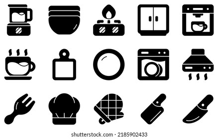 Set of Vector Icons Related to Kitchen. Contains such Icons as Blender, Bowl, Burner, Cabinet, Cup, Dish and more.