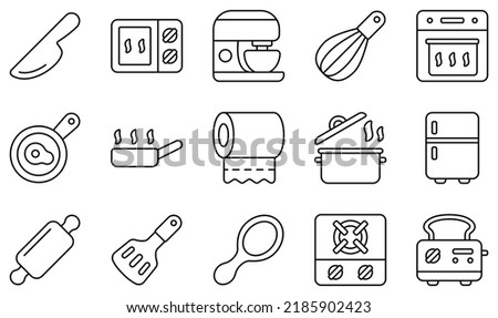 Set of Vector Icons Related to Kitchen. Contains such Icons as Knife, Microwave, Mixer, Oven, Pan, Paper Towels and more.
