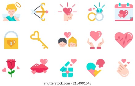 Set of Vector Icons Related to Love. Contains such Icons as Cupid, In Love, Wedding Ring, Padlock, Love, Rose and more.