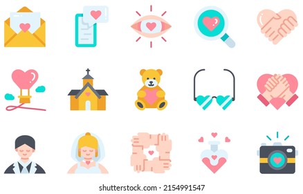 Set of Vector Icons Related to Love. Contains such Icons as Love Letter, Loving, Hand In Hand, Groom, Bride, Love Potion and more.