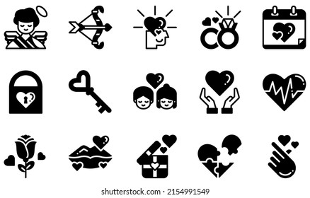 Set of Vector Icons Related to Love. Contains such Icons as Cupid, In Love, Wedding Ring, Padlock, Love, Rose and more.