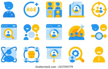 Set of Vector Icons Related to Market Research. Contains such Icons as Adult, Age, Age Group, Consumer Research, Customer Behavior, Focus Group and more.