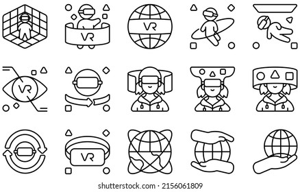 Set of Vector Icons Related to Metaverse. Contains such Icons as Space, Virtual Reality, Virtual Space, Vision, Vr, Vr Glasses and more.