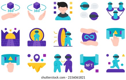 Set of Vector Icons Related to Metaverse. Contains such Icons as Communityd, Avatar, Community, Cyberspace, Infinity, Interaction and more.
