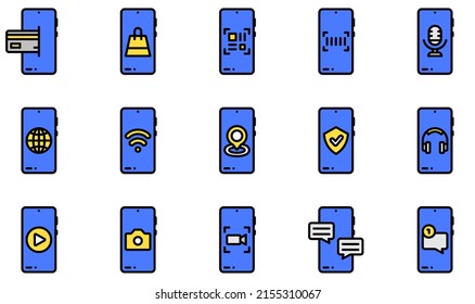 Set of Vector Icons Related to Mobile Functions. Contains such Icons as Online Payment, Phone Call, Qr Code, Settings, Transfer, Upload and more.
