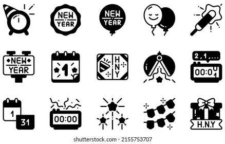 Set of Vector Icons Related to New Year. Contains such Icons as Badge, Balloon, Calendar, Card, Countdown, Fireworks and more.