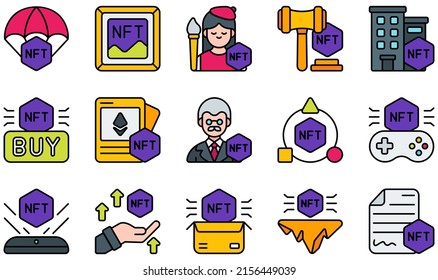 Set of Vector Icons Related to Nft. Contains such Icons as Airdrop, Art, Artist, Auction, Buy, Card and more.