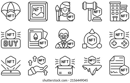 Set of Vector Icons Related to Nft. Contains such Icons as Airdrop, Art, Artist, Auction, Buy, Card and more.