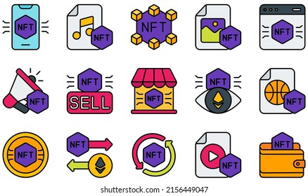 Conjunto de iconos vectores relacionados con Nft. Contiene iconos como música, Nft, foto, plataforma, venta, token y más.