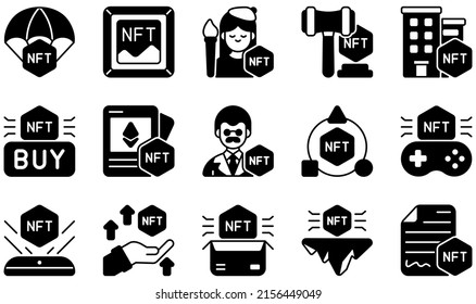 Satz von Vektorsymbols, die mit Nft verknüpft sind. Enthält Symbole wie Airdrop, Art, Künstler, Auktion, Kaufen, Karte und mehr.