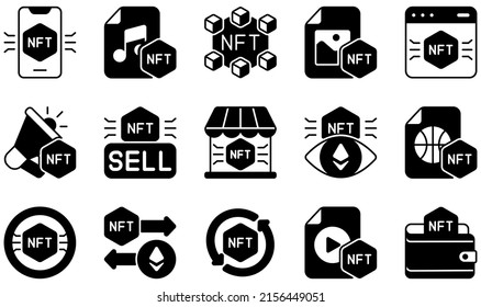 Set of Vector Icons Related to Nft. Contains such Icons as Music, Nft, Photo, Platform, Sell, Token and more.