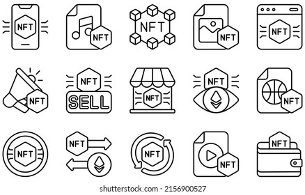 Set of Vector Icons Related to Nft. Contains such Icons as Music, Nft, Photo, Platform, Sell, Token and more.